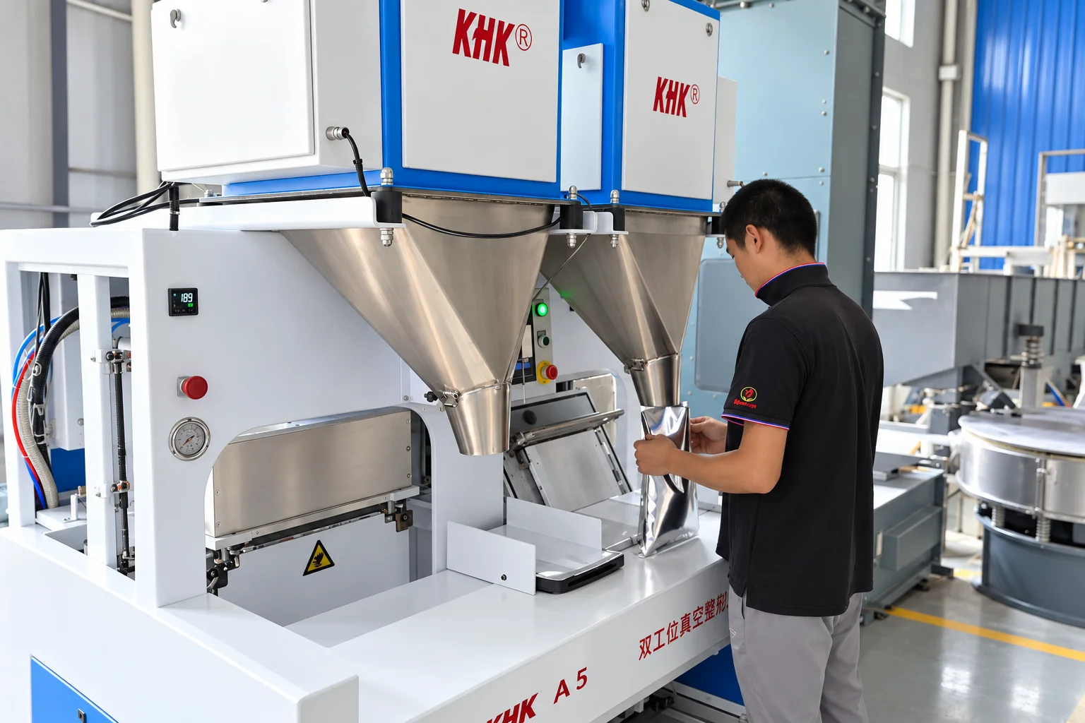 Worker operating packaging machine photograph